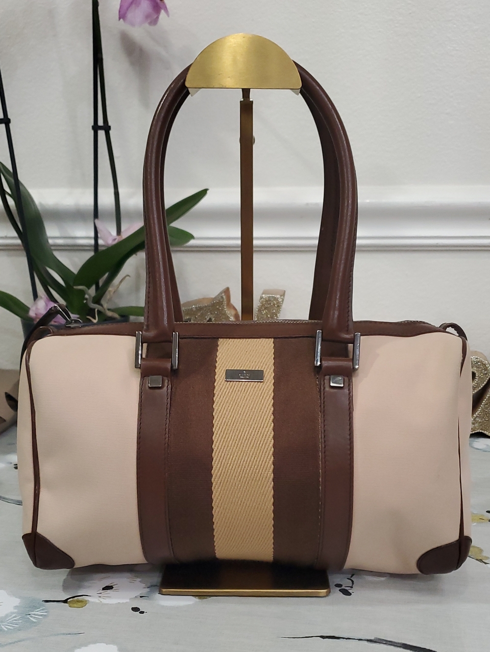 🇮🇹Gucci Brown,Tan & Cream Leather/Canvas Boston Satchel Bag